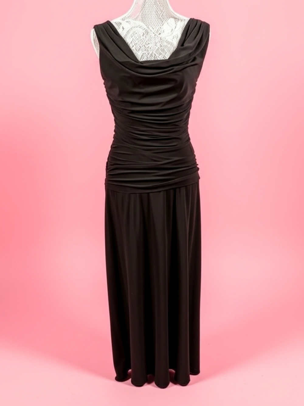 Nightway Elegant Black Ruched Draped Neckline Full Skirt Maxi Dress V Back 8